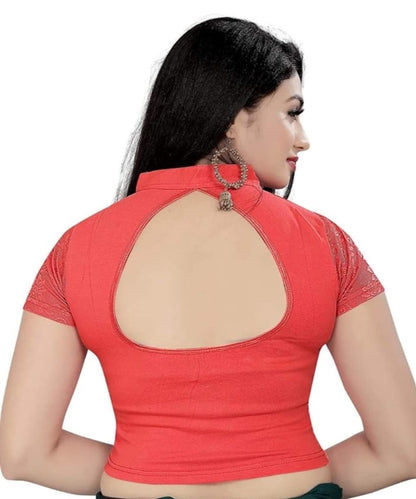 Generic Women's Short Sleeve Cotton Lycra Readymade Blouse (Orange, Free Size)