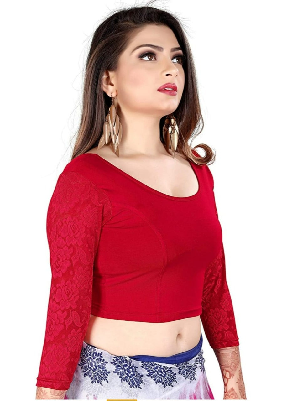 Generic Women's 3/4 th Sleeve Cotton Lycra Readymade Blouse (Red, Free Size)