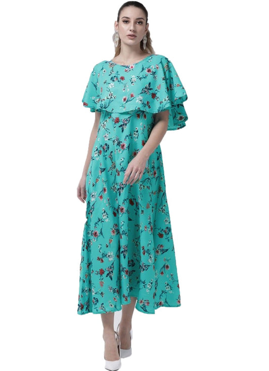 Women Crepe Floral Half Sleeves FullLength Gown (Turquoise)