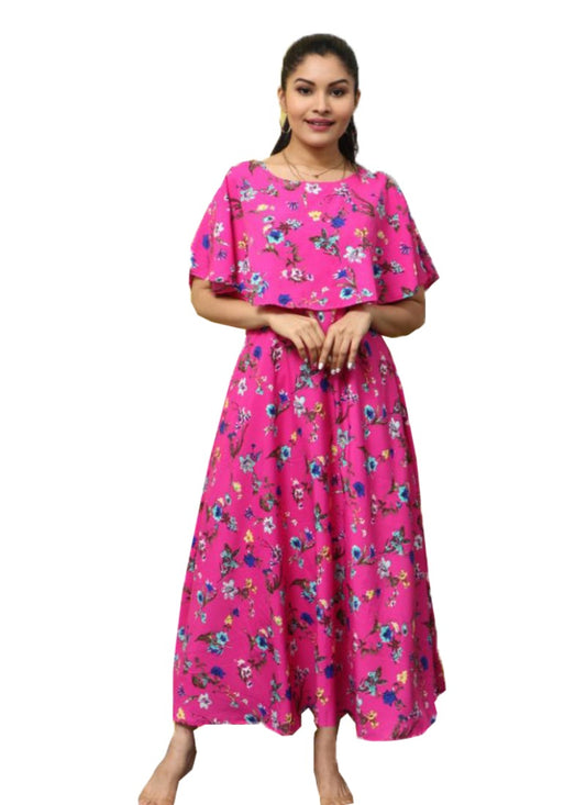 Women Crepe Floral Half Sleeves FullLength Gown (Pink)