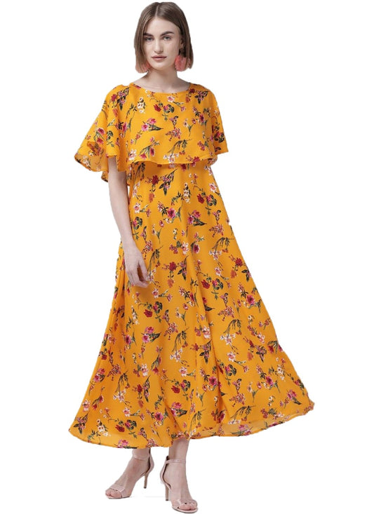 Women Crepe Floral Half Sleeves FullLength Gown (Yellow)