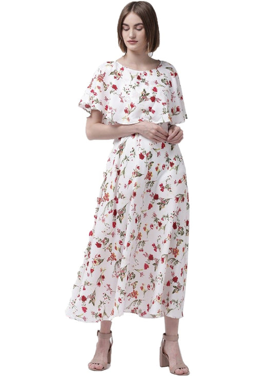 Women Crepe Floral Half Sleeves FullLength Gown (White)