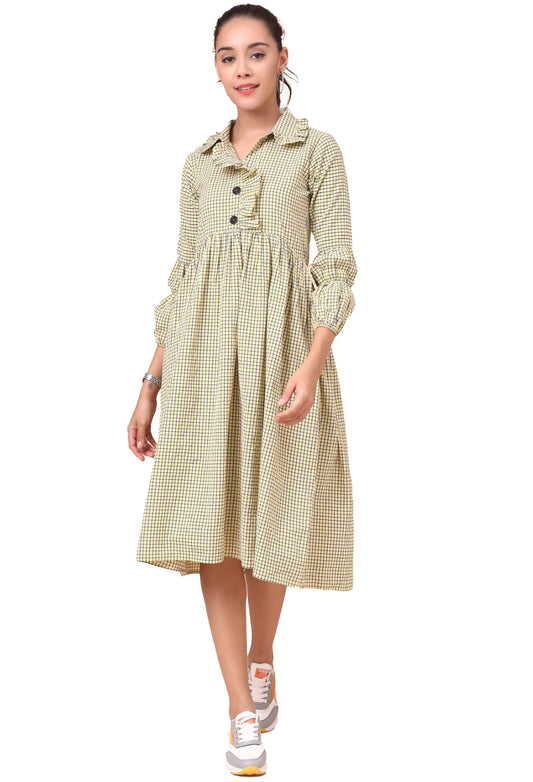 Women Cotton Check Printed Dress (LightGreen)