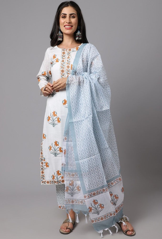 Generic Women's Cotton Blend Printed Work Kurti With Bottom And Dupatta Set (Ligtht Blue)