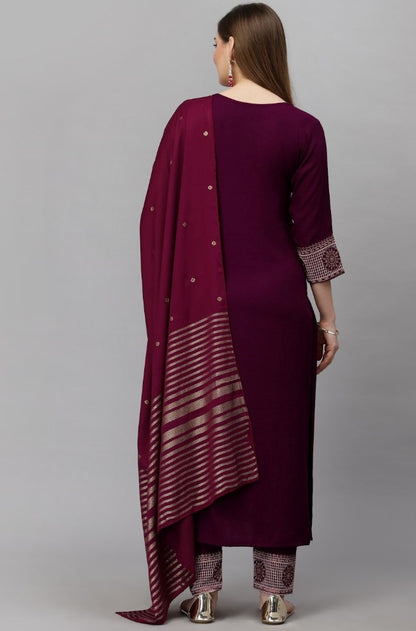 Generic Women's Cotton Blend Printed Work Kurti With Bottom And Dupatta Set (Maroon)