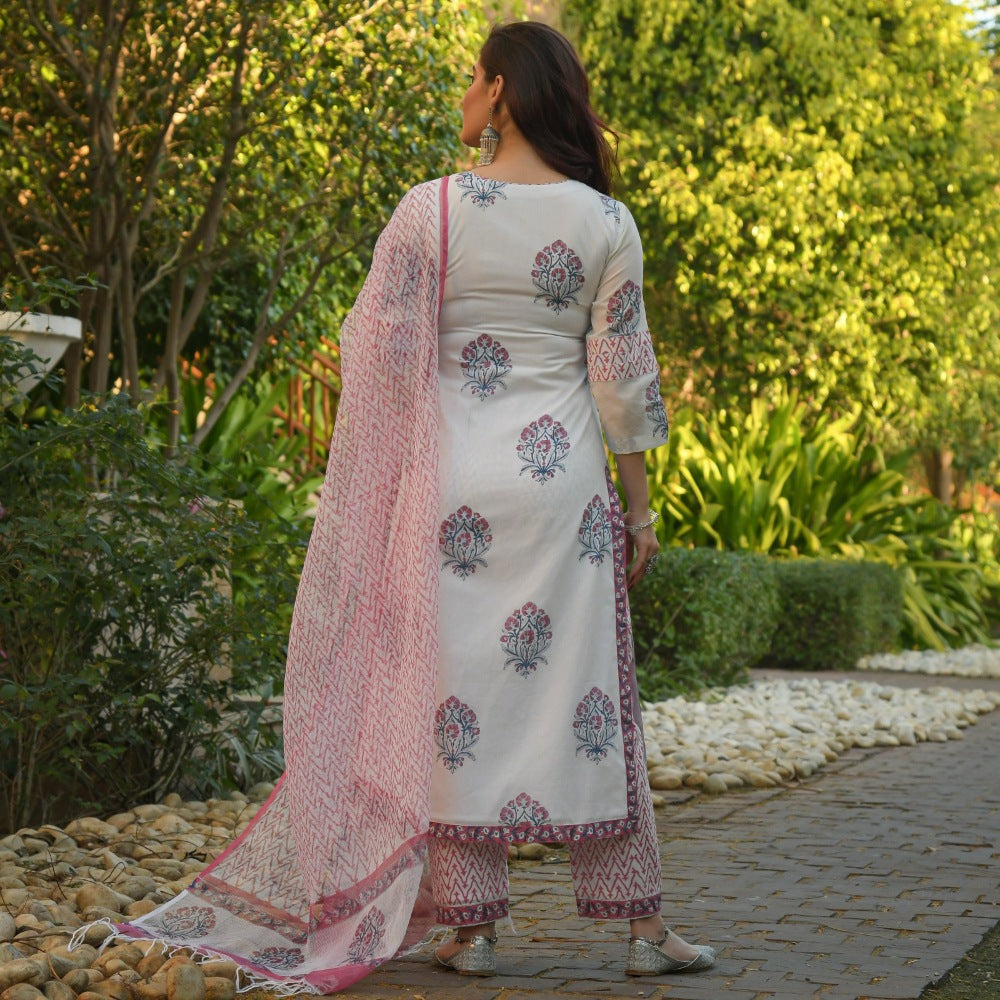 Generic Women's Cotton Blend Printed Work Kurti With Bottom And Dupatta Set (Pink)