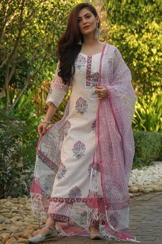 Generic Women's Cotton Blend Printed Work Kurti With Bottom And Dupatta Set (Pink)