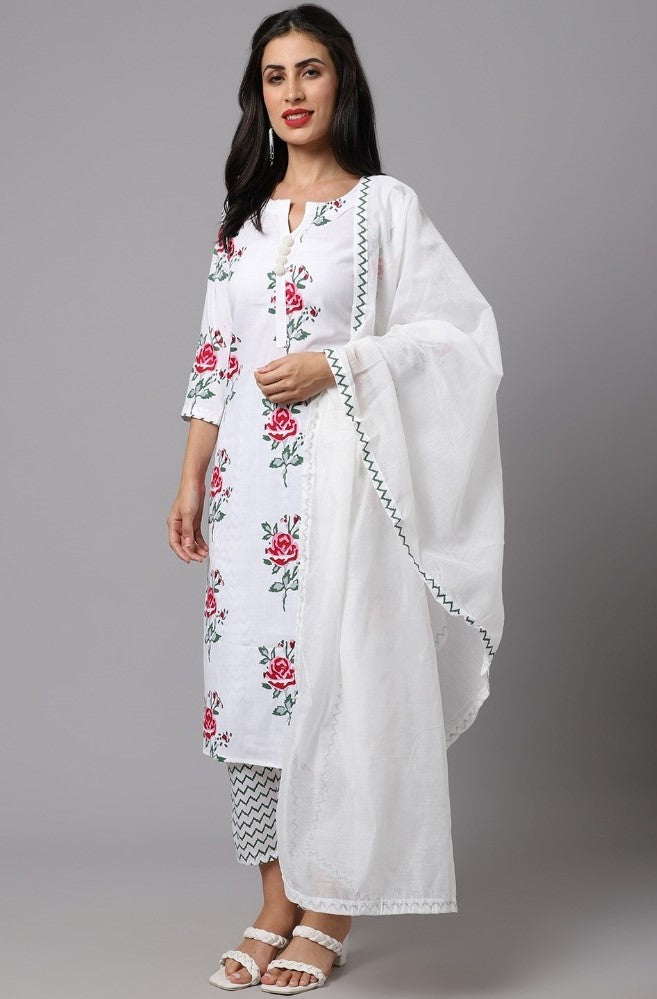 Generic Women's Cotton Blend Printed Work Kurti With Bottom And Dupatta Set (White)