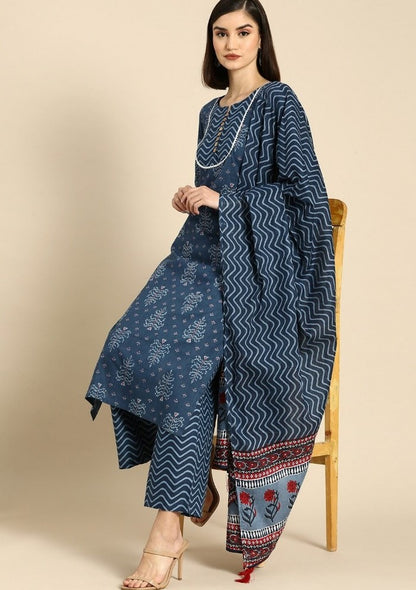 Generic Women's Cotton Blend Printed Work Kurti With Bottom And Dupatta Set (Blue)