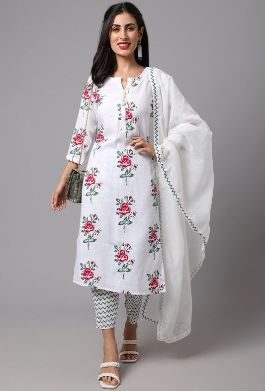 Generic Women's Cotton Blend Printed Work Kurti With Bottom And Dupatta Set (White)