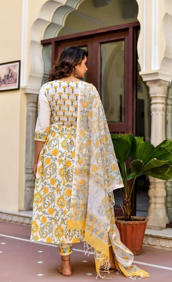 Generic Women's Cotton Blend Printed Work Kurti With Bottom And Dupatta Set (Yellow)