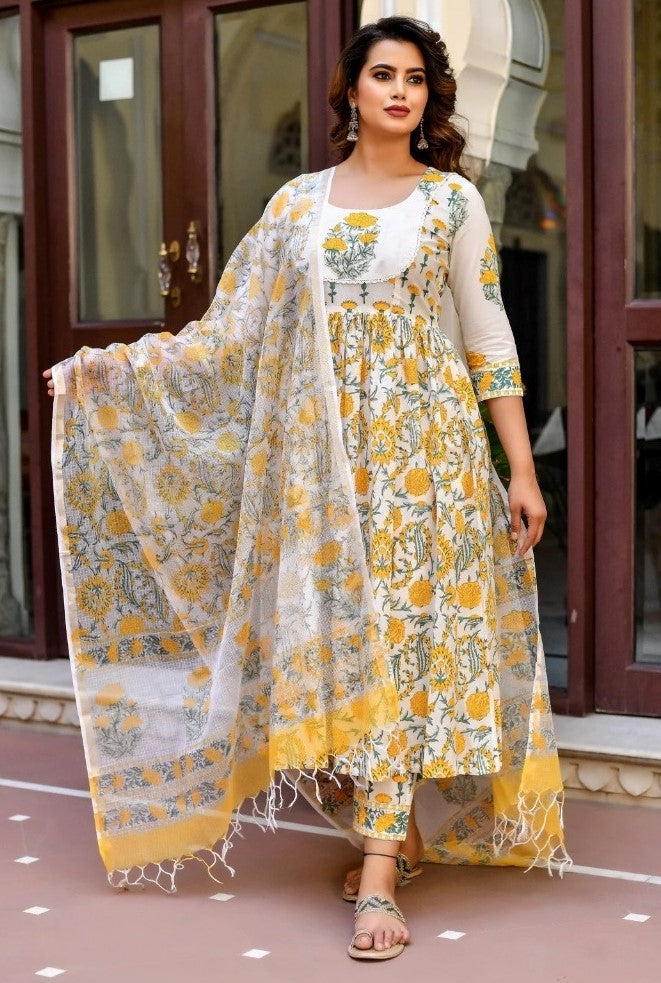 Generic Women's Cotton Blend Printed Work Kurti With Bottom And Dupatta Set (Yellow)