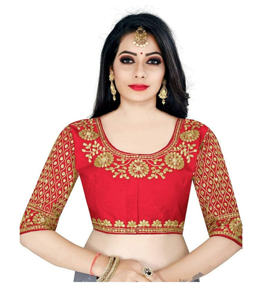 Generic Women's Half Sleeve Ultra satin Readymade Blouse (Red, Free Size: Up To 34 Inch)
