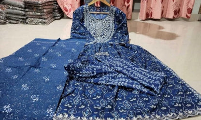 Generic Women's Embroidery Work Cotton Naira Cut Kurti Pant And Dupatta Set (Blue)