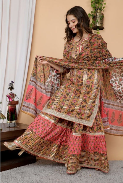 Generic Women's Full Gota Work Cotton Kurti And Sharara With Dupatta Set (Multi Color)