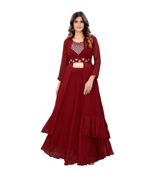 Women's Embroidery Gotapatti Work Georget Long Gown (Maroon)