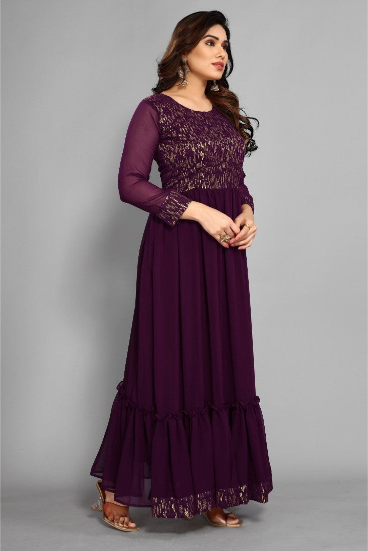 Women's Sequence Work Georget Long Gown (Purple)