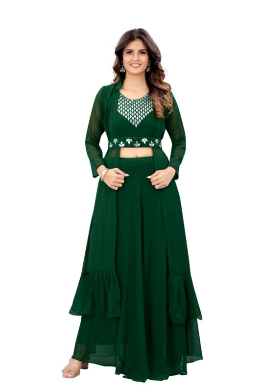 Women's Embroidery Gotapatti Work Georget Long Gown (Green)