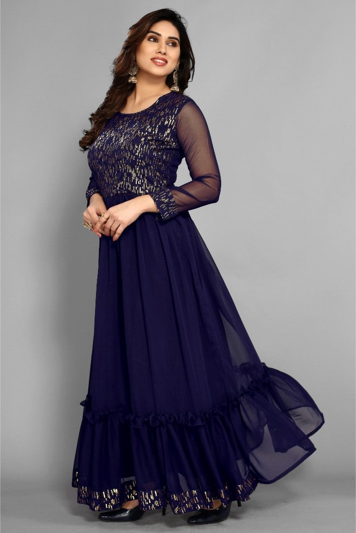 Women's Sequence Work Georget Long Gown (Navy Blue)