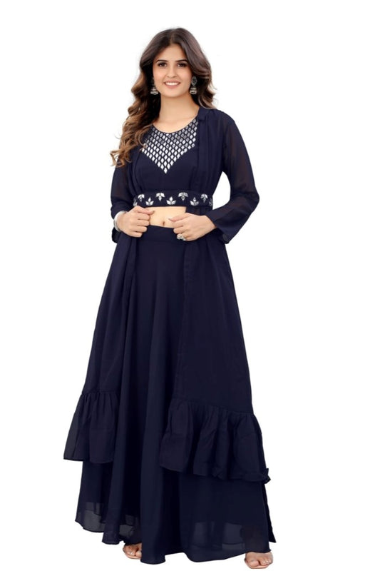 Women's Embroidery Gotapatti Work Georget Long Gown (Blue)