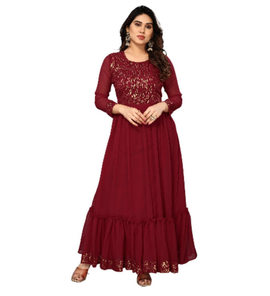 Women's Sequence Work Georget Long Gown (Maroon)
