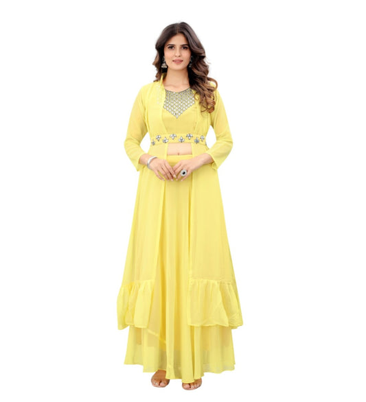 Women's Embroidery Gotapatti Work Georget Long Gown (Yellow)