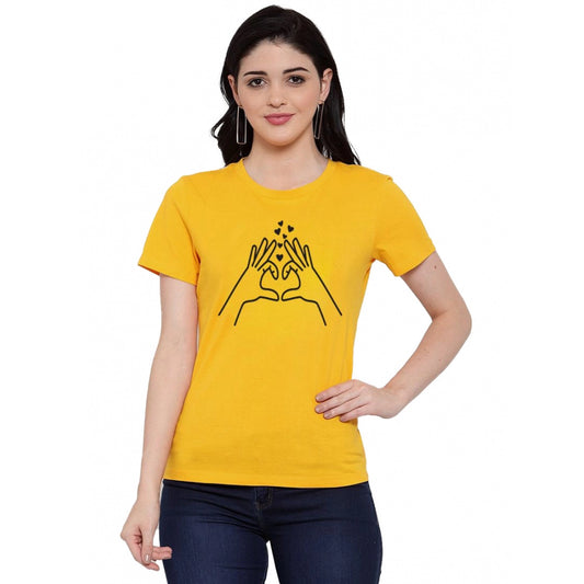 Women's Cotton Blend Heart Hands Line Art Printed T-Shirt (Yellow)