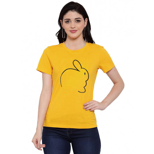 Women's Cotton Blend Rabbit Line Art Printed T-Shirt (Yellow)