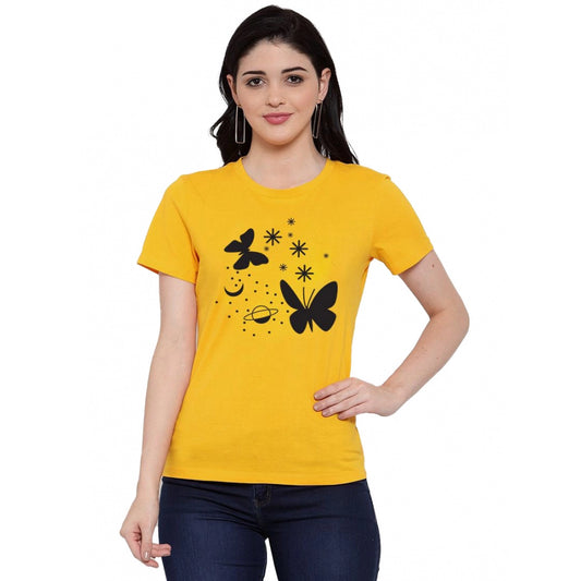 Women's Cotton Blend Butterfly With Star Printed T-Shirt (Yellow)