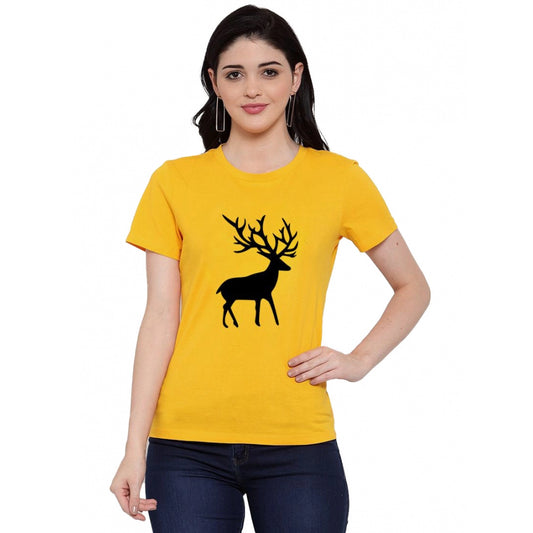 Women's Cotton Blend Deer Printed T-Shirt (Yellow)