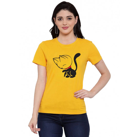 Women's Cotton Blend Cat Printed T-Shirt (Yellow)