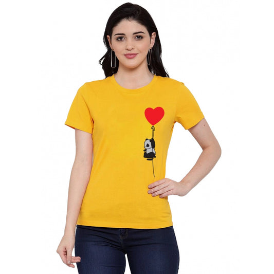 Women's Cotton Blend Panda With Heart Balloon Printed T-Shirt (Yellow)