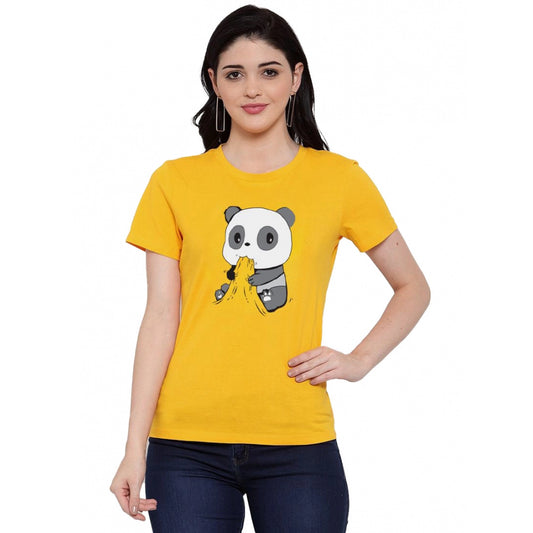 Women's Cotton Blend Panda Bites Printed T-Shirt (Yellow)