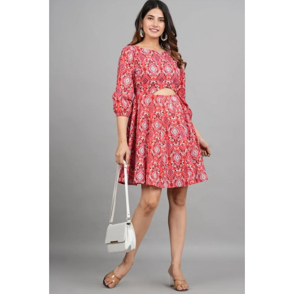 Women's Printed Above Knee Cotton Dresses (Red)
