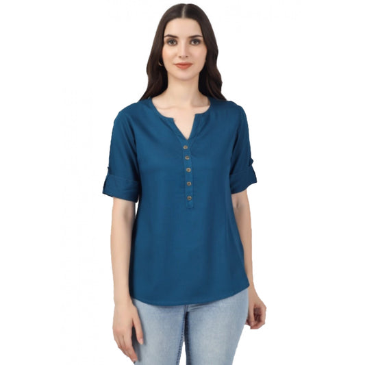 Women's Solid Short Length Rayon Tunic Top (Blue)