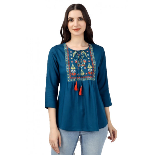 Women's Embroidered Short Length Rayon Tunic Top (Light Blue)