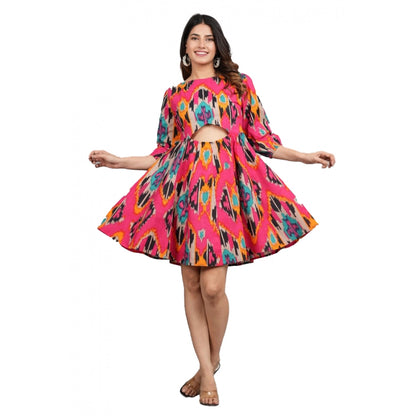 Women's Printed Above Knee Cotton Dresses (Pink)