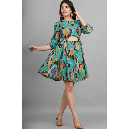 Women's Printed Above Knee Cotton Dresses (Green)