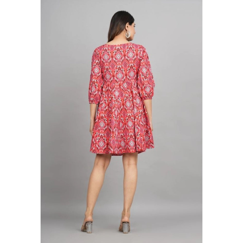 Women's Printed Above Knee Cotton Dresses (Red)