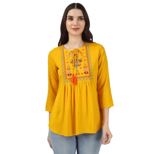 Women's Embroidered Short Length Rayon Tunic Top (Yellow)