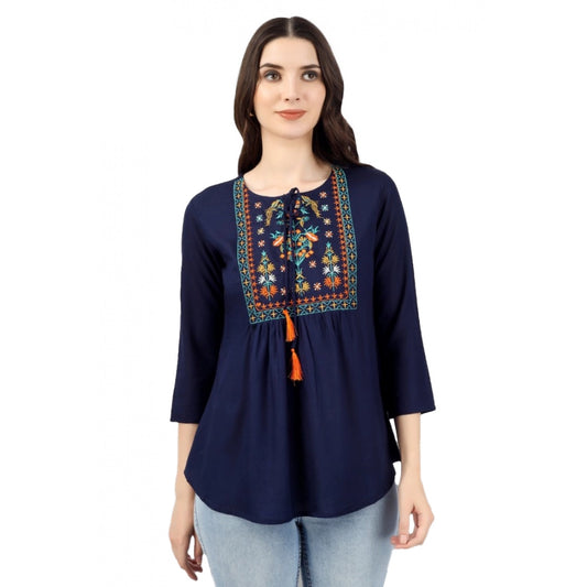 Women's Embroidered Short Length Rayon Tunic Top (Blue)