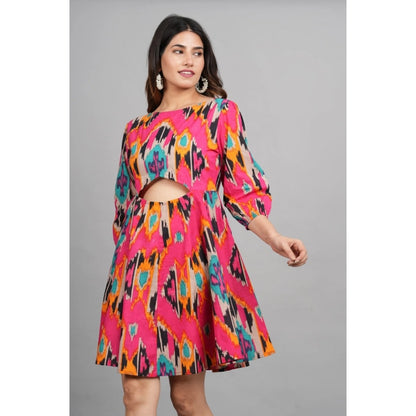 Women's Printed Above Knee Cotton Dresses (Pink)