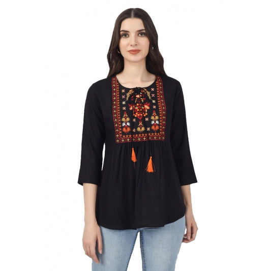 Women's Embroidered Short Length Rayon Tunic Top (Black)