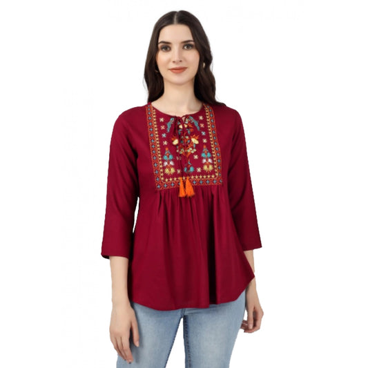 Women's Embroidered Short Length Rayon Tunic Top (Maroon)