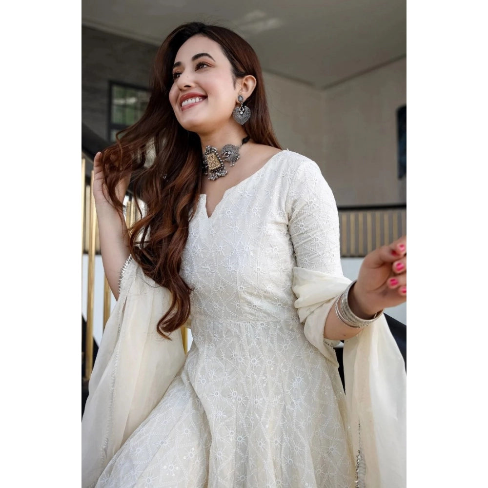 Women's Casual 3/4th Sleeve Embroidered Cotton Gown (White)