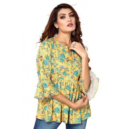 Generic Women's Casual 3/4th Sleeve Printed Crepe Top (Yellow)