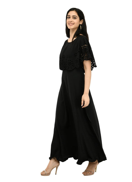 Women Crepe Solid Sleeveless FullLength (Gown Black)