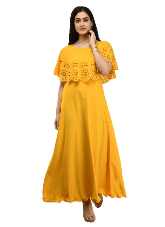 Women Crepe Solid Sleeveless FullLength Gown (Yellow)