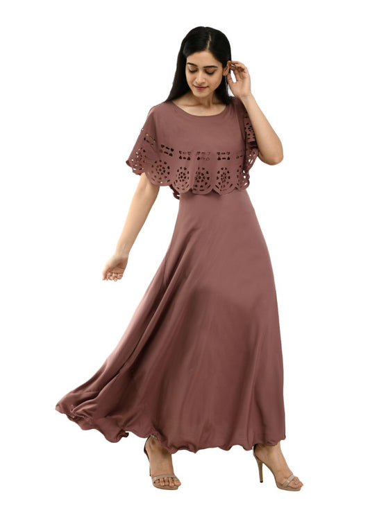 Women Crepe Solid Sleeveless FullLength Gown (Brown)