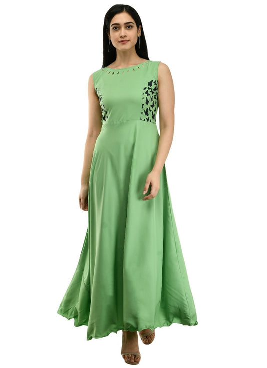 Women Crepe Solid Sleeveless FullLength Gown (Green)
